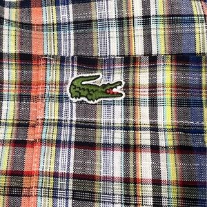 Lacoste men's cotton linen casual button down plaid long‎ sleeve size 2xl  -flaw